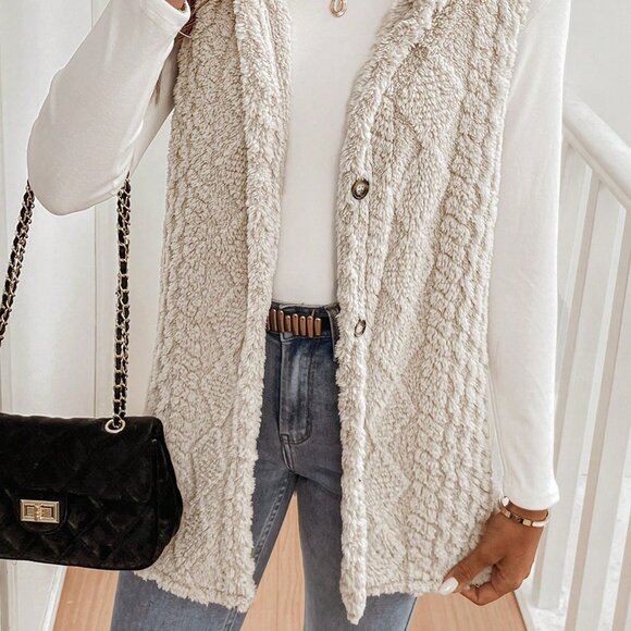 Apricot Casual Women's Hooded Sleeveless Fuzzy Coat - Picture 4 of 7